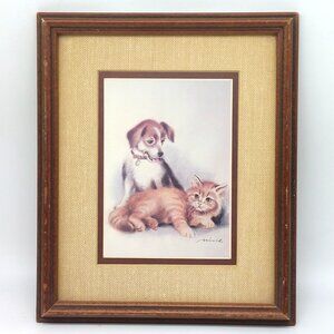 Vintage Framed Print Of Puppy & Kitten By Artist Marinich With Rustic Wooden Fra
